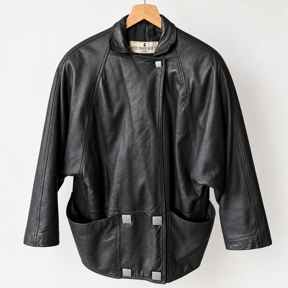 Vintage Anne-Marie Beretta Paris Womens Black Leather Architectural Jacket